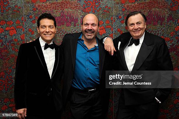 Actor Michael Feinstein, director Casey Nicholaw and actor Barry Humphries attend the opening night party for "All About Me" on Broadway at Brasserie...
