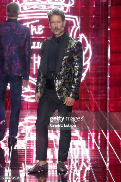 Model walks the runway at the Billionaire show during Milan Men's Fashion Week Spring/Summer 2019 on June 17, 2018 in Milan, Italy.