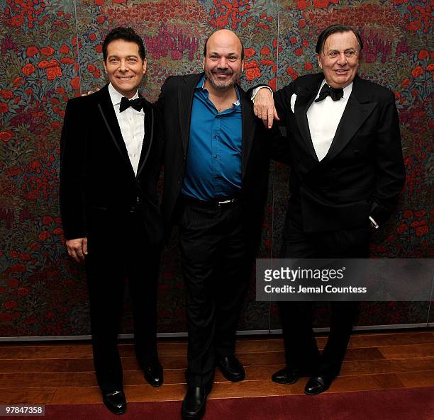 Actor Michael Feinstein, director Casey Nicholaw and actor Barry Humphries attend the opening night party for "All About Me" on Broadway at Brasserie...
