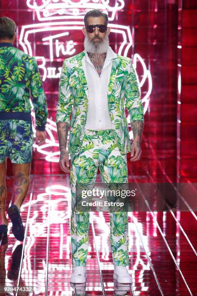 Model walks the runway at the Billionaire show during Milan Men's Fashion Week Spring/Summer 2019 on June 17, 2018 in Milan, Italy.