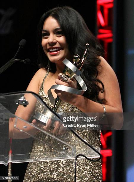 Actress Vanessa Hudgens accepts the Female Star of Tomorrow Award at the ShoWest awards ceremony at the Paris Las Vegas during ShoWest, the official...