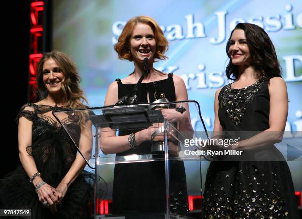Actresses Sarah Jessica Parker Cynthia Nixon and Kristin Davis, accept the Ensemble Award at the ShoWest awards ceremony at the Paris Las Vegas...