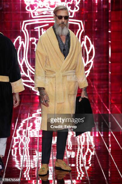 Model walks the runway at the Billionaire show during Milan Men's Fashion Week Spring/Summer 2019 on June 17, 2018 in Milan, Italy.