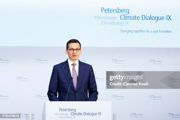 Polish Prime Minister Mateusz Morawiecki speaks at the Petersberg Climate Dialogue on June 19, 2018 in Berlin, Germany. The Petersberg Climate...