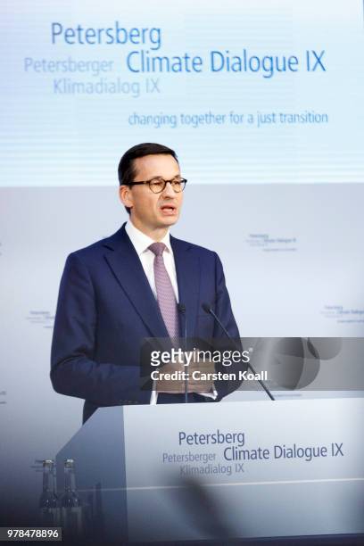 Polish Prime Minister Mateusz Morawiecki speaks at the Petersberg Climate Dialogue on June 19, 2018 in Berlin, Germany. The Petersberg Climate...