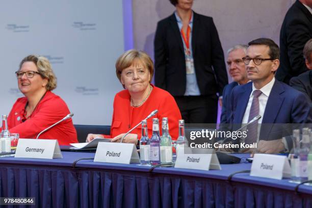 German Minister of the Environment Svenja Schulze, German Chancellor Angela Merkel and Polish Prime Minister Mateusz Morawiecki attend the Petersberg...