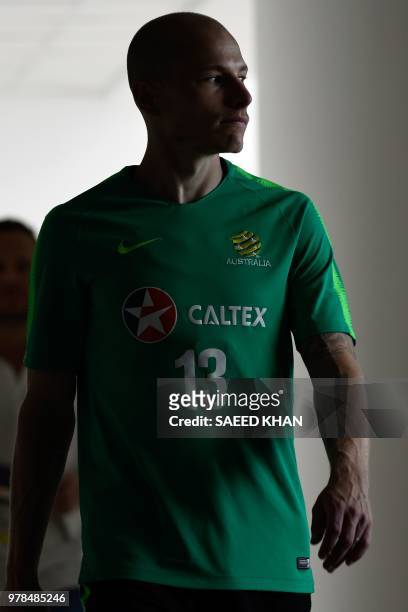 Australia's midfielder Aaron Mooy arrive for a press conference after a training session in Kazan on June 19 during the Russia World Cup 2018...