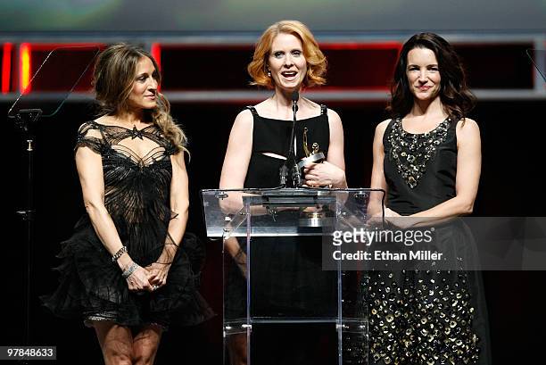 Actresses Sarah Jessica Parker, Cynthia Nixon and Kristin Davis, accept the Ensemble Award during the ShoWest awards ceremony at the Paris Las Vegas...
