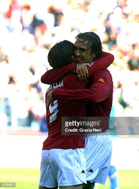 Vincenzo Montella of Roma celebrates with Gabriel Batistuta during the Serie A 24th Round League match between Roma and Verona played at the Olympic...