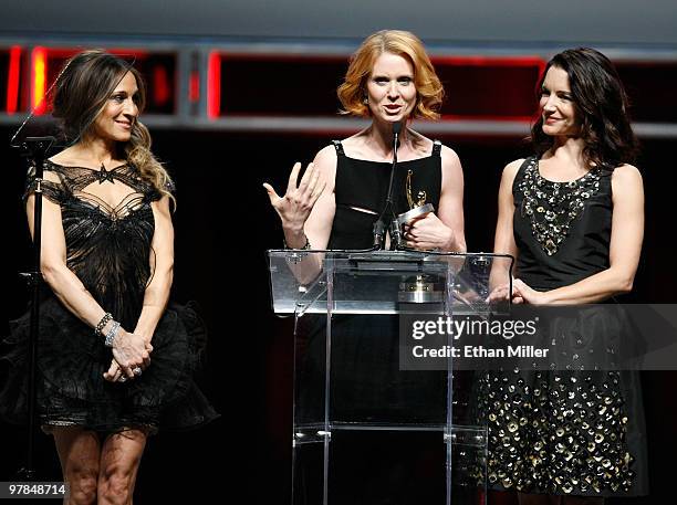 Actresses Sarah Jessica Parker, Cynthia Nixon and Kristin Davis, accept the Ensemble Award during the ShoWest awards ceremony at the Paris Las Vegas...