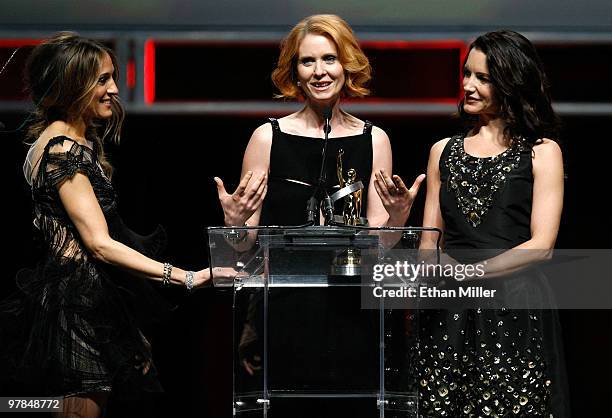 Actresses Sarah Jessica Parker, Cynthia Nixon and Kristin Davis, accept the Ensemble Award during the ShoWest awards ceremony at the Paris Las Vegas...