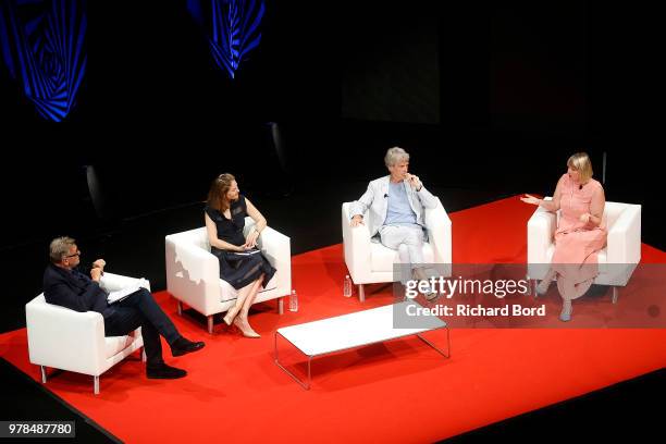 Cannes Lions chairman Terry Savage, Her Royal Highness Princess Sarah Zeid of Jordan, Sir John Hegarty and Corinne Woods speak during the SAWA...