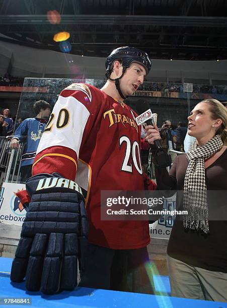Colby Armstrong of the Atlanta Thrashers is interviewed by Natalie Taylor after being named 1st star of the game against the Ottawa Senators at...
