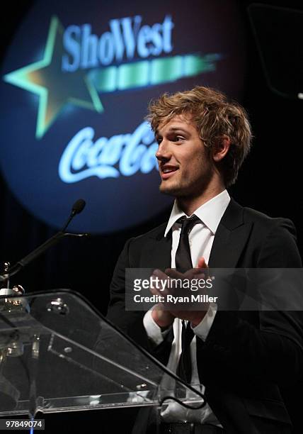 Actor Alex Pettyfer accepts the Male Star of Tomorrow Award at the ShoWest awards ceremony at the Paris Las Vegas during ShoWest, the official...