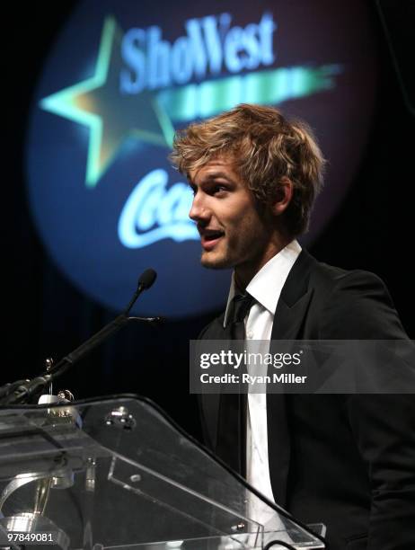 Actor Alex Pettyfer accepts the Male Star of Tomorrow Award at the ShoWest awards ceremony at the Paris Las Vegas during ShoWest, the official...