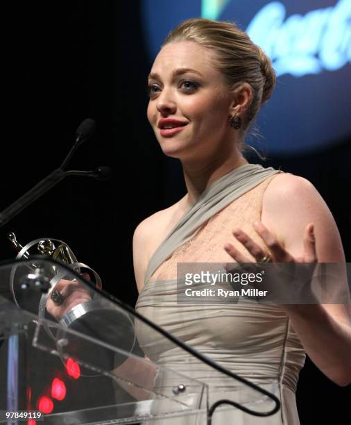 Actress Amanda Seyfried accepts the Breakthrough Female Star of the Year Award at the ShoWest awards ceremony at the Paris Las Vegas during ShoWest,...
