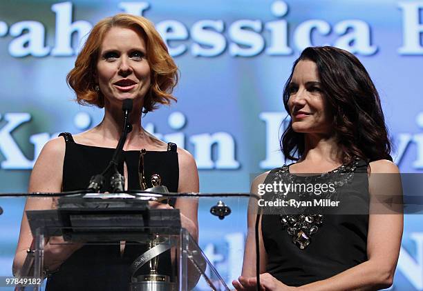 Actresses Cynthia Nixon and Kristin Davis accept the Ensemble Award at the ShoWest awards ceremony at the Paris Las Vegas during ShoWest, the...