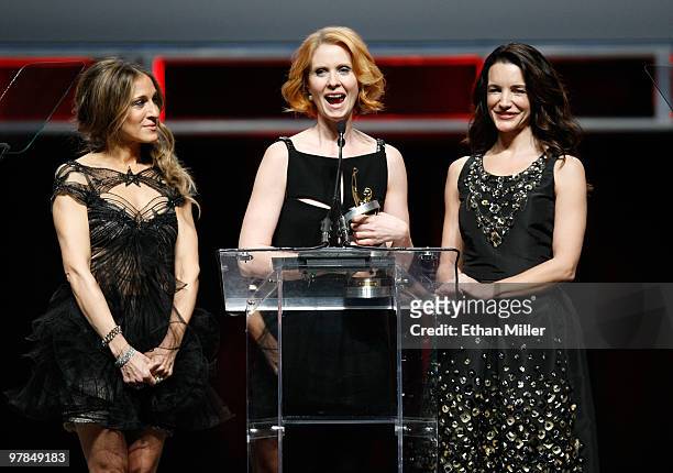 Actresses Sarah Jessica Parker, Cynthia Nixon and Kristin Davis, accept the Ensemble Award during the ShoWest awards ceremony at the Paris Las Vegas...