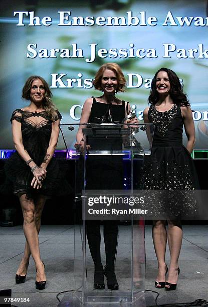 Actresses Sarah Jessica Parker Cynthia Nixon and Kristin Davis, accept the Ensemble Award at the ShoWest awards ceremony at the Paris Las Vegas...