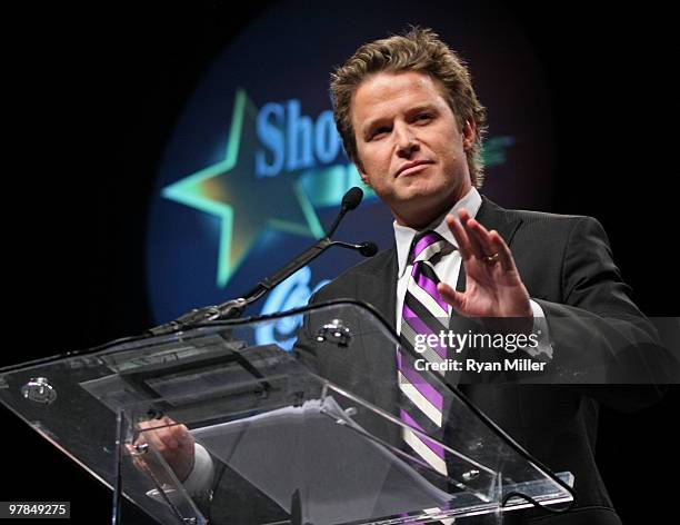 Host Billy Bush speaks at the ShoWest awards ceremony at the Paris Las Vegas during ShoWest, the official convention of the National Association of...