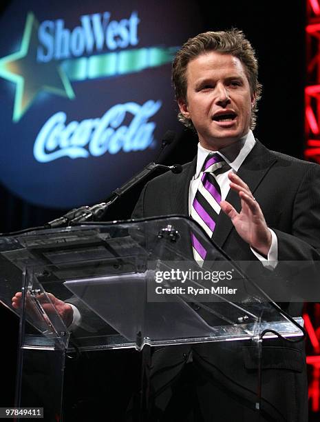 Host Billy Bush speaks at the ShoWest awards ceremony at the Paris Las Vegas during ShoWest, the official convention of the National Association of...