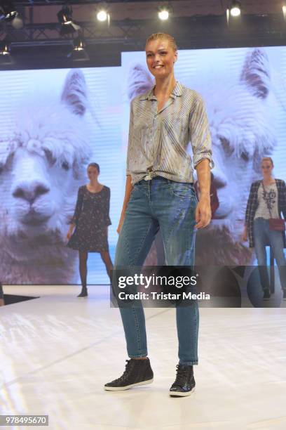 Miriam Hoeller walks the runway during the Ernsting's Family Fashion event on June 18, 2018 in Hamburg, Germany.