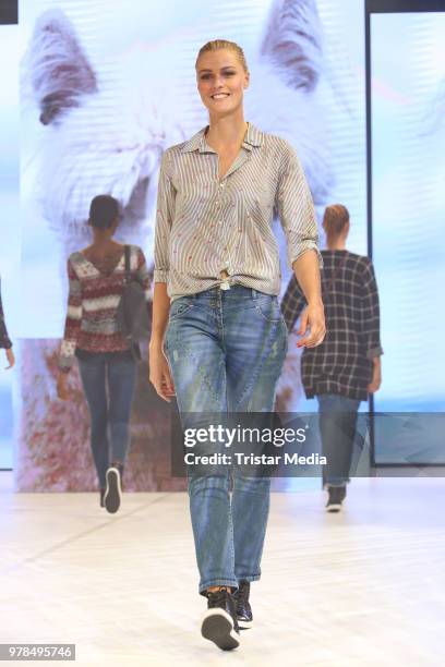 Miriam Hoeller walks the runway during the Ernsting's Family Fashion event on June 18, 2018 in Hamburg, Germany.