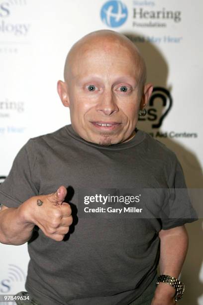 Actor Verne Troyer represents the Sound Matters charity that provides hearing aids to children in need at the Austin Convention Center during the...