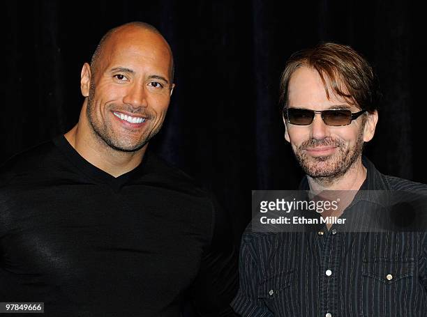 Actors Dwayne Johnson and Billy Bob Thornton arrive at the CBS Films presentation to promote their upcoming movie "Faster" at the Paris Las Vegas...