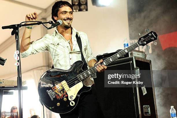 Simon Mejia of Bomba Estereo performs onstage at Levi's Fader Fort as part of SXSW 2010 on March 18, 2010 in Austin, Texas.