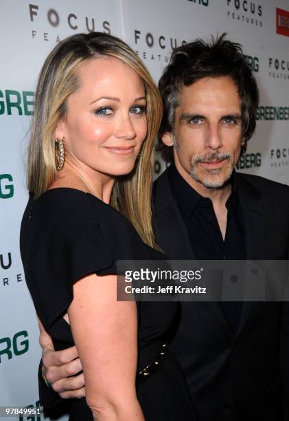 Actors Christine Taylor and Ben Stiller arrive at the premiere of "Greenberg" presented by Focus Features at ArcLight Hollywood on March 18, 2010 in...