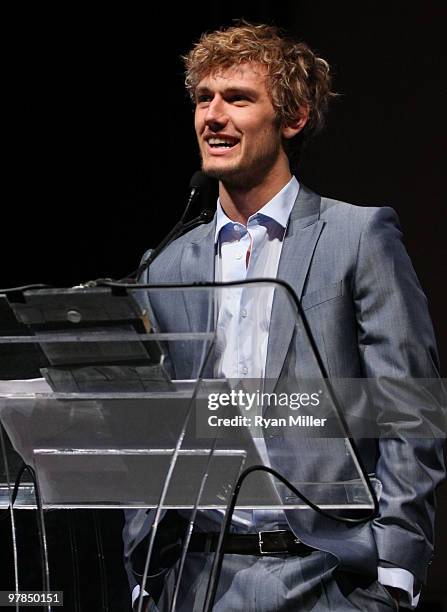 Actor Alex Pettyfer speaks at the CBS Films luncheon during ShoWest 2010 held at Paris Las Vegas on March 18, 2010 in Las Vegas, Nevada.