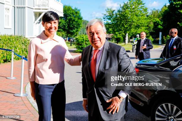 Norwegian Minister of Foreign Affairs Ine Eriksen Soereide welcomes UN Secretary General Antonio Guterres as he arrives at the annual Oslo Forum, a...