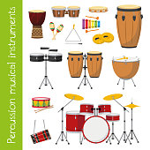 Vector illustration set of percussion musical instruments in cartoon style isolated on white background