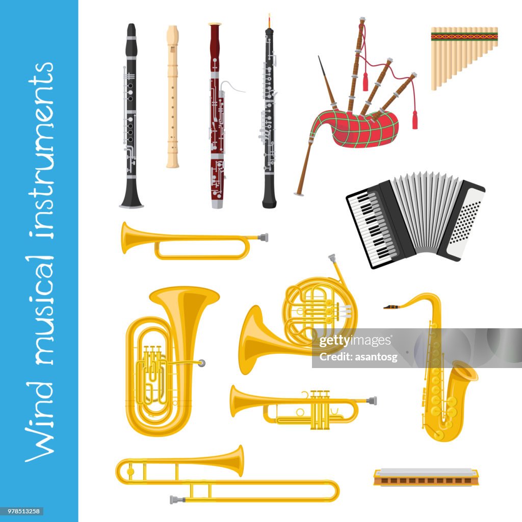 Wind Musical Instrument Sticker Vector Illustration Set Of Wind Musical Instruments In Cartoon Style ...