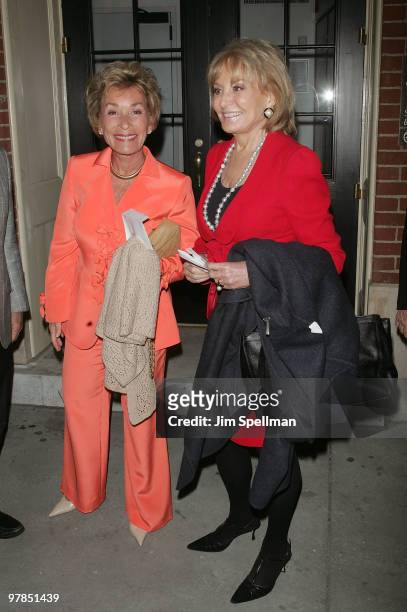 Judge Judy Sheindlin and Barbara Walters attend the opening night of "All About Me" on Broadway at Henry Miller's Theatre on March 18, 2010 in New...