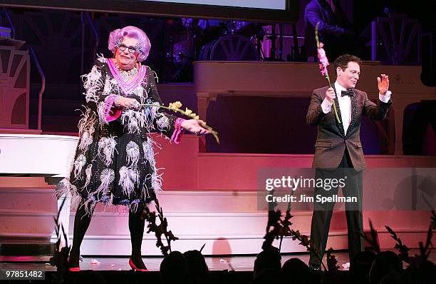 Dame Edna and Michael Feinstein attend the opening night of "All About Me" on Broadway at Henry Miller's Theatre on March 18, 2010 in New York City.