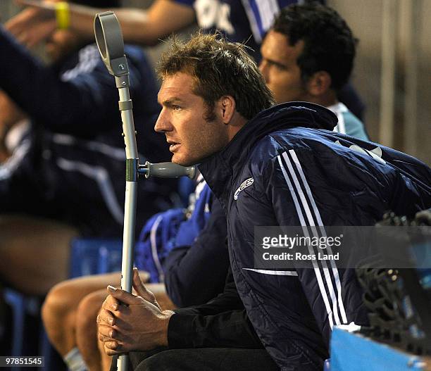 Injured All Black and Blues lock Ali Williams is seen on the bench during the round six Super 14 match between the Blues and the Brumbies at Eden...