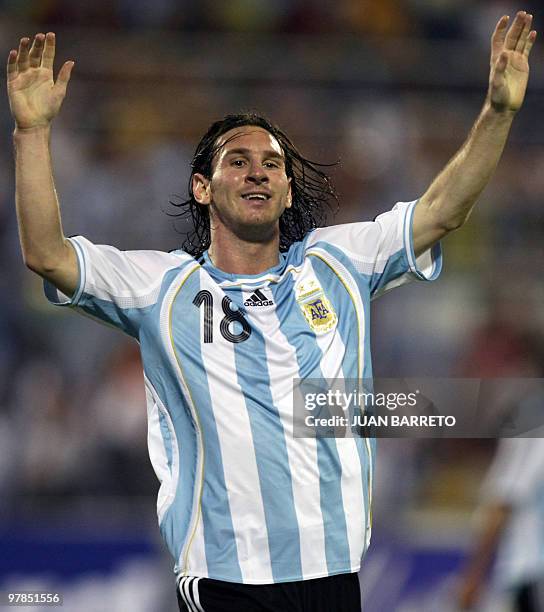 Argentina's Lionel Messi reacts after missing a goal against Venezuela during their World Cup South Africa-2010 qualifying round football match at...