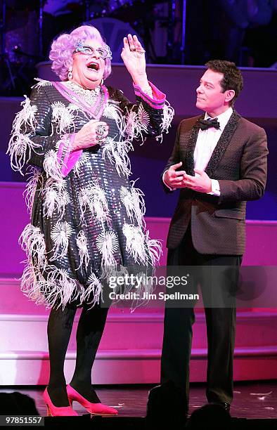 Dame Edna and Michael Feinstein attend the opening night of "All About Me" on Broadway at Henry Miller's Theatre on March 18, 2010 in New York City.