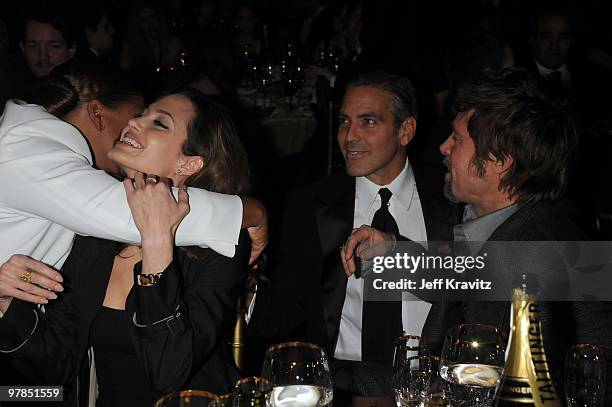 Actress Queen Latifah, Actress Angelina Jolie, Actor George Clooney and Actor Brad Pitt at the 13th ANNUAL CRITICS' CHOICE AWARDS at the Santa Monica...