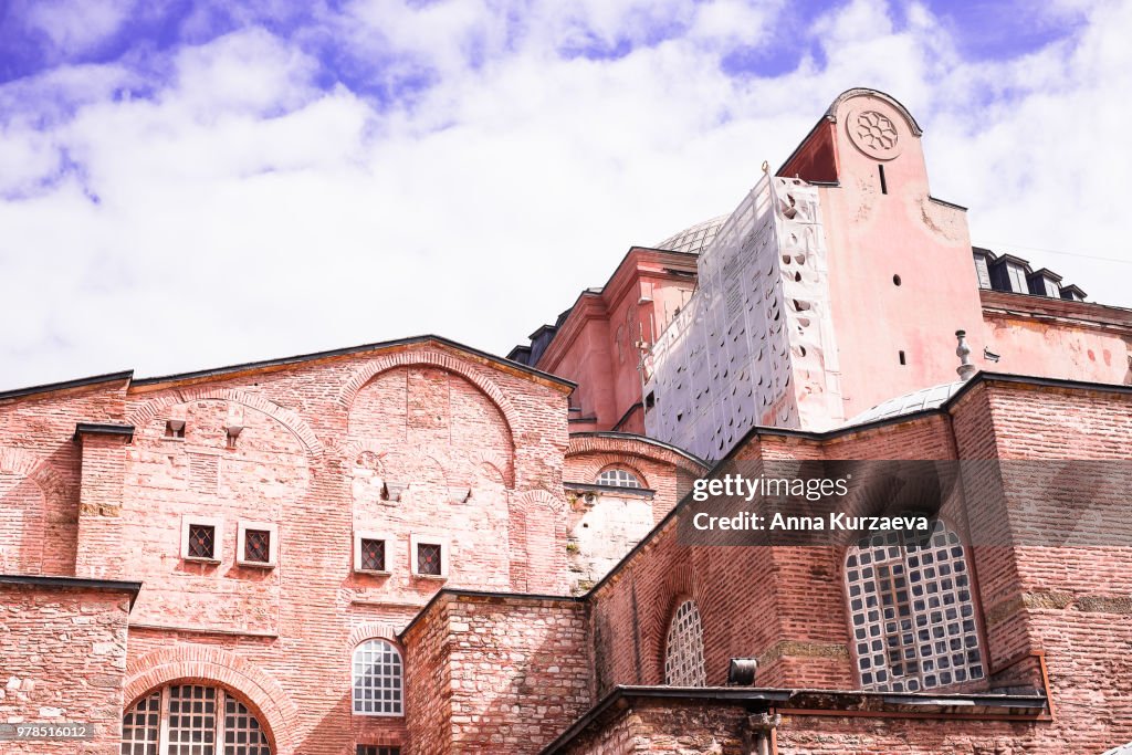 Hagia Sophia mosque in Sultanahmet district in Istanbul, Turkey. Structure built under order of Justinian, and later turned into a mosque. Image with copy space.