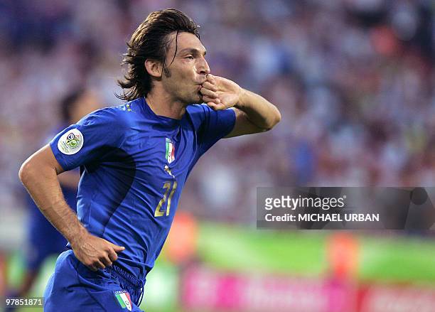 Italian midfielder Andrea Pirlo reacts after scoring during the FIFA World Cup 2006 group E football match Italy vs Ghana, 12 June 2006 at Hannover...