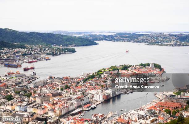 view on bergen city centre and harbor from the mountain top, norway. bergen is a city and municipality in hordaland on the west coast of norway. cityscape of bergen. - bergen norway stock pictures, royalty-free photos & images