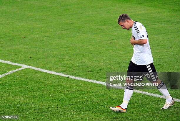 German forward Lukas Podolski reacts after scoring during the Euro 2008 Championships Group B football match Germany vs. Poland on June 8, 2008 at...