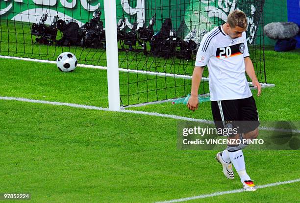 German forward Lukas Podolski reacts after scoring during their Euro 2008 Championships Group B football match Germany vs. Poland on June 8, 2008 at...
