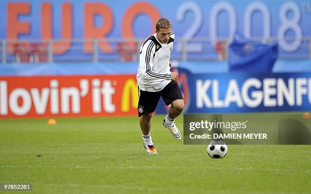German forward Lukas Podolski prepares to kick the ball during a training session on the eve of the match against Croatia on June 11, 2008 in...