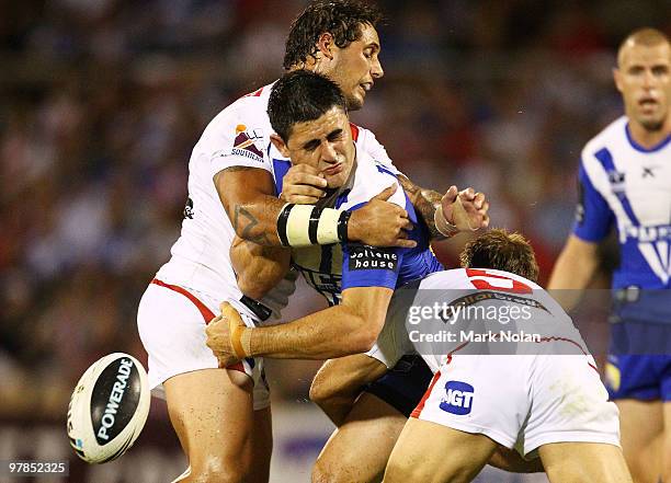 Bryson Goodwin of the Bulldogs loses the ball during the round two NRL match between the St George Illawarra Dragons and the Canterbury Bulldogs at...