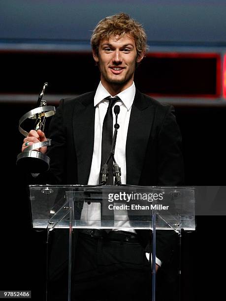 Actor Alex Pettyfer accepts the Male Star of Tomorrow Award during the ShoWest awards ceremony at the Paris Las Vegas during ShoWest, the official...
