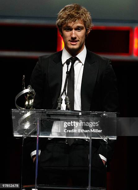 Actor Alex Pettyfer accepts the Male Star of Tomorrow Award during the ShoWest awards ceremony at the Paris Las Vegas during ShoWest, the official...